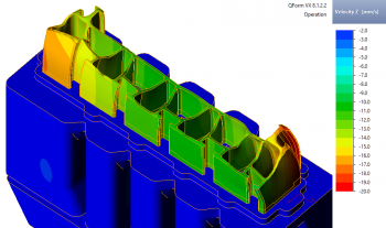 QForm simulation of hollow profile extrusion. Profile velocity field